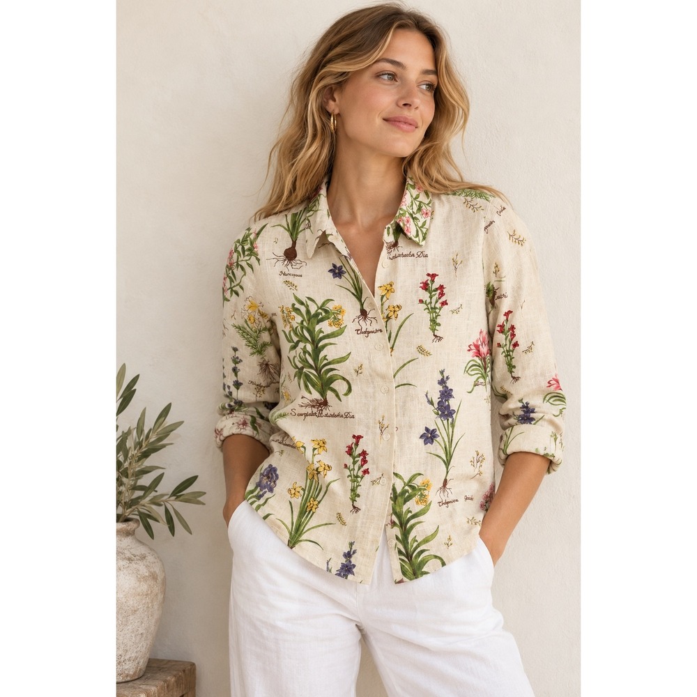 Country Shop Botanical Garden Print Ramie Button Down Shirt Floral Blouse Small